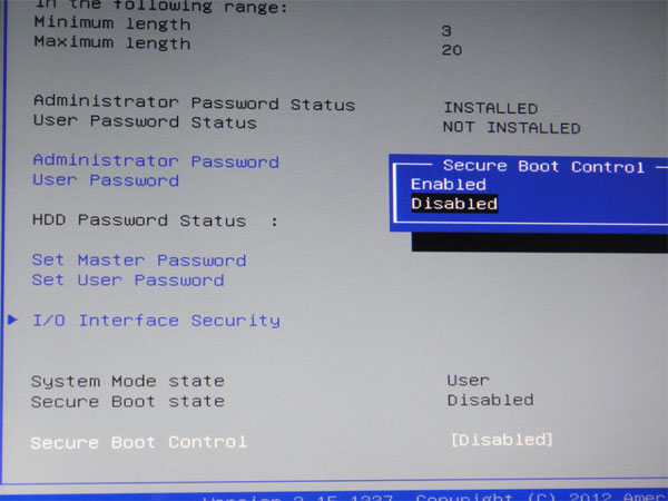 отключаем параметр Secure Boot Control